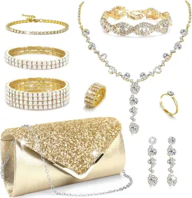 10Pcs Silver Rhinestone Jewelry Set for Women Bride Wedding Prom Jewelry Evening Rhinestone Sparkly Clutch Purse Bag Necklace Tennise Layered Bracelets CZ Ring Crystal Drop Earring Set Silver Shiny Costume Kit