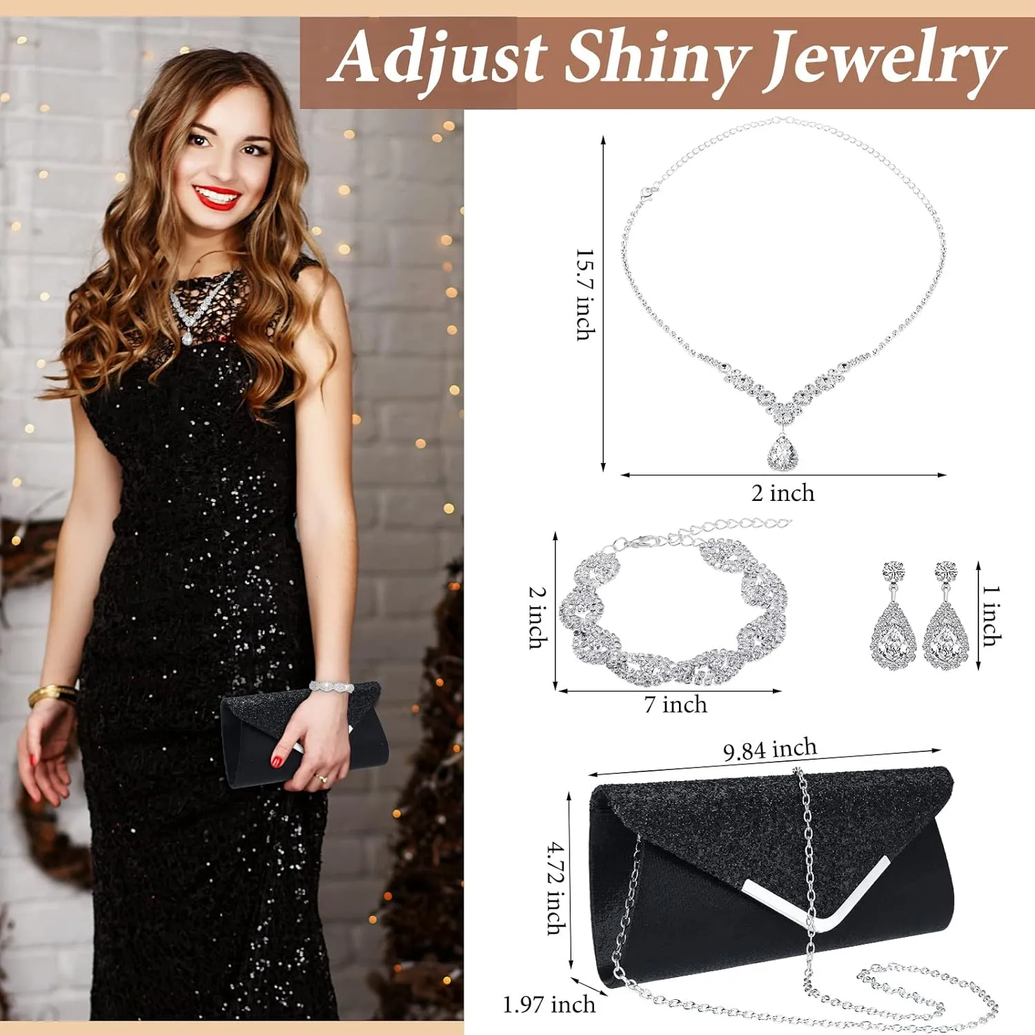 4 Pcs Women Rhinestone Jewelry Set Floral Wave Teardrop Crystal Wedding Necklace Earrings Floral Cluster Wave Bracelet Glitter Envelope Evening Bag Handbag Party Bridal Purse