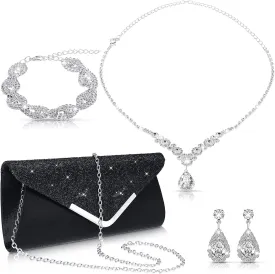 4 Pcs Women Rhinestone Jewelry Set Floral Wave Teardrop Crystal Wedding Necklace Earrings Floral Cluster Wave Bracelet Glitter Envelope Evening Bag Handbag Party Bridal Purse