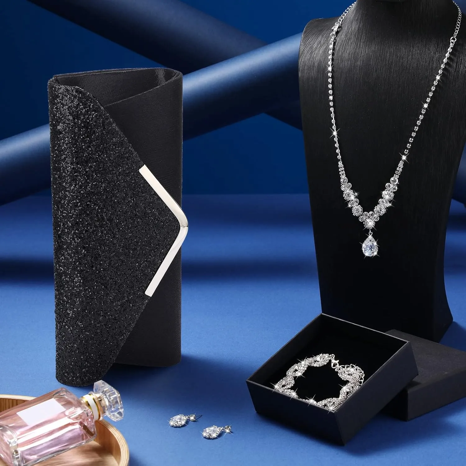 4 Pcs Women Rhinestone Jewelry Set Floral Wave Teardrop Crystal Wedding Necklace Earrings Floral Cluster Wave Bracelet Glitter Envelope Evening Bag Handbag Party Bridal Purse