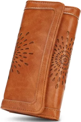 APHISON Womens Wallets RFID Blocking Leather Clutch Long Wallet for Women Card Holder Phone Organizer Ladies Travel Purse Hollow Out Sunflower Design Gift