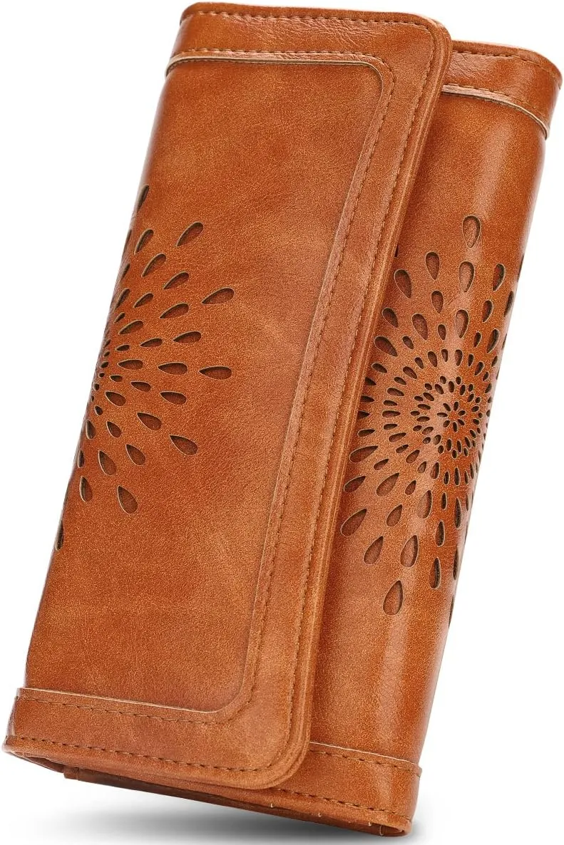 APHISON Womens Wallets RFID Blocking Leather Clutch Long Wallet for Women Card Holder Phone Organizer Ladies Travel Purse Hollow Out Sunflower Design Gift