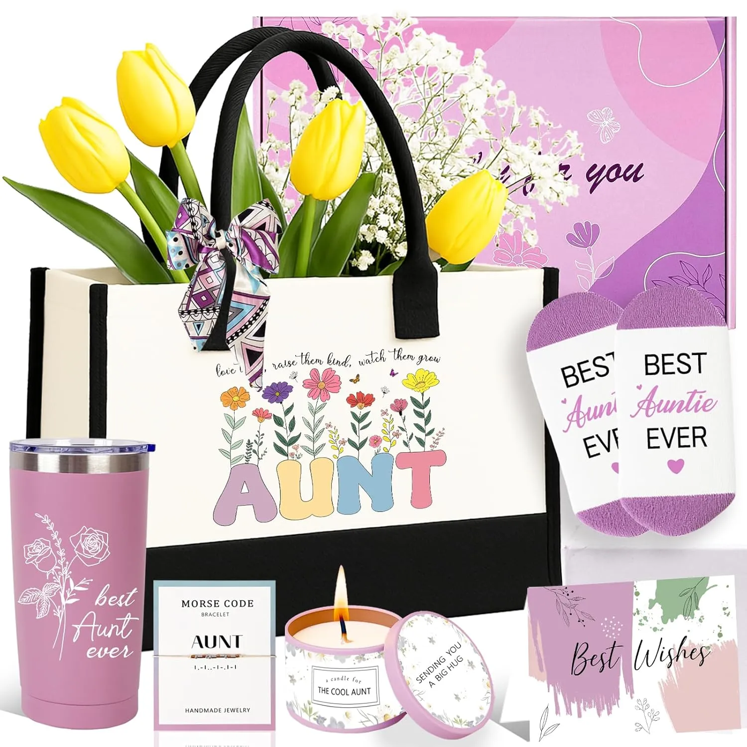 Aunt Gifts,Birthday Gifts for Aunt Auntie From Niece Nephew,Gift Ideas Tote Bag Tumbler Candle Bracelet,Aunt Mothers Day Gift,Pregnancy Announcement Gifts for Cool New Auntie to be