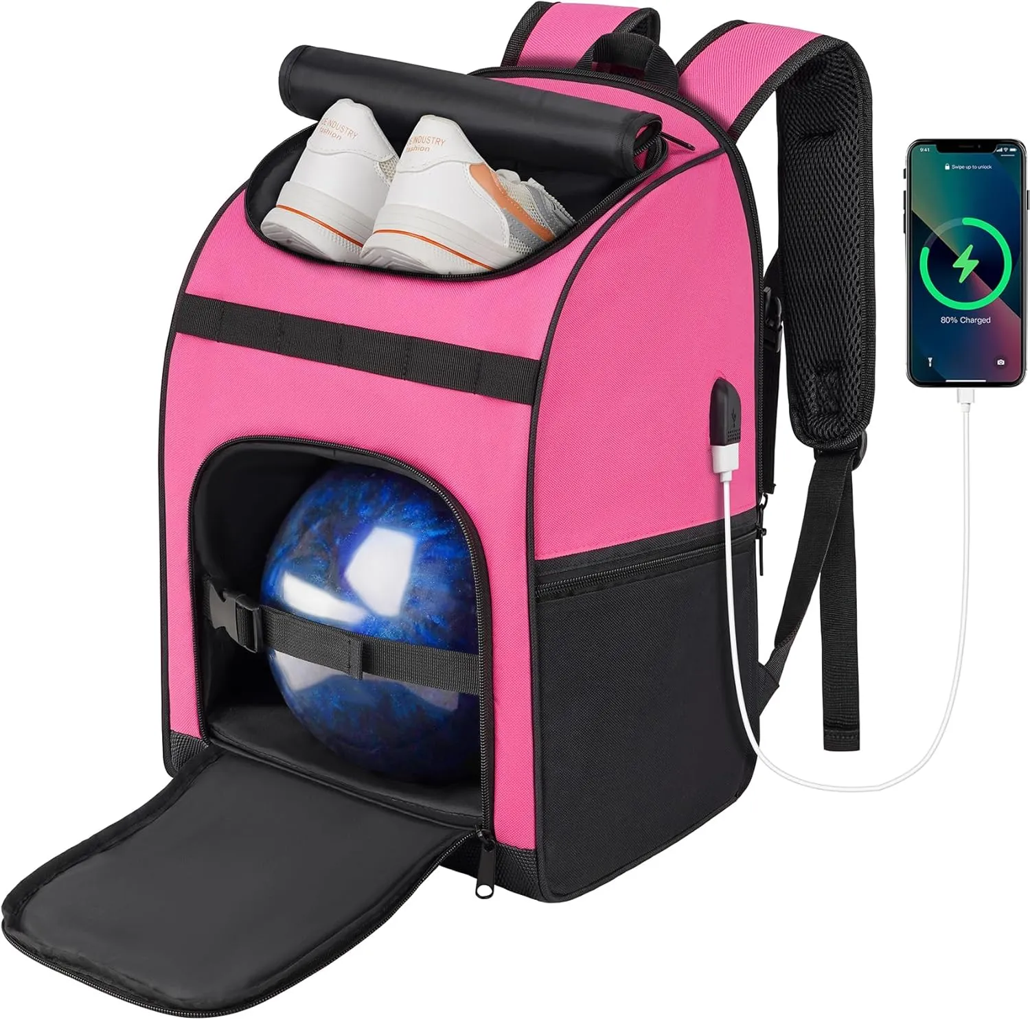 Bowling Backpack, Single Bowling Ball Bag with Shoe Bag Up to Size 16, Bowling Accessories Gifts for Bowling Lovers,Bowling Bag with Padded Ball Holder(BLACK)
