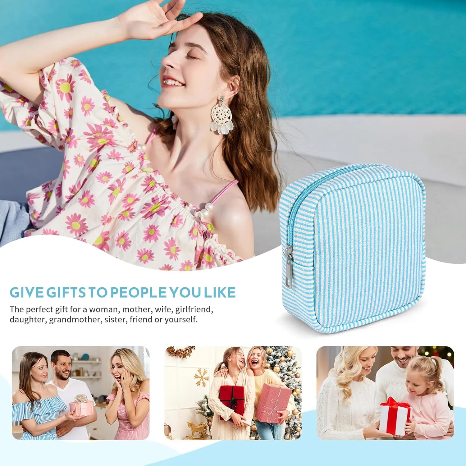 Breteil Small Makeup Bag for Purse Mini Cosmetic Bag with Slip-in Pockets Cute Travel Makeup Pouch for Women Friend Preppy Stuff - Blue