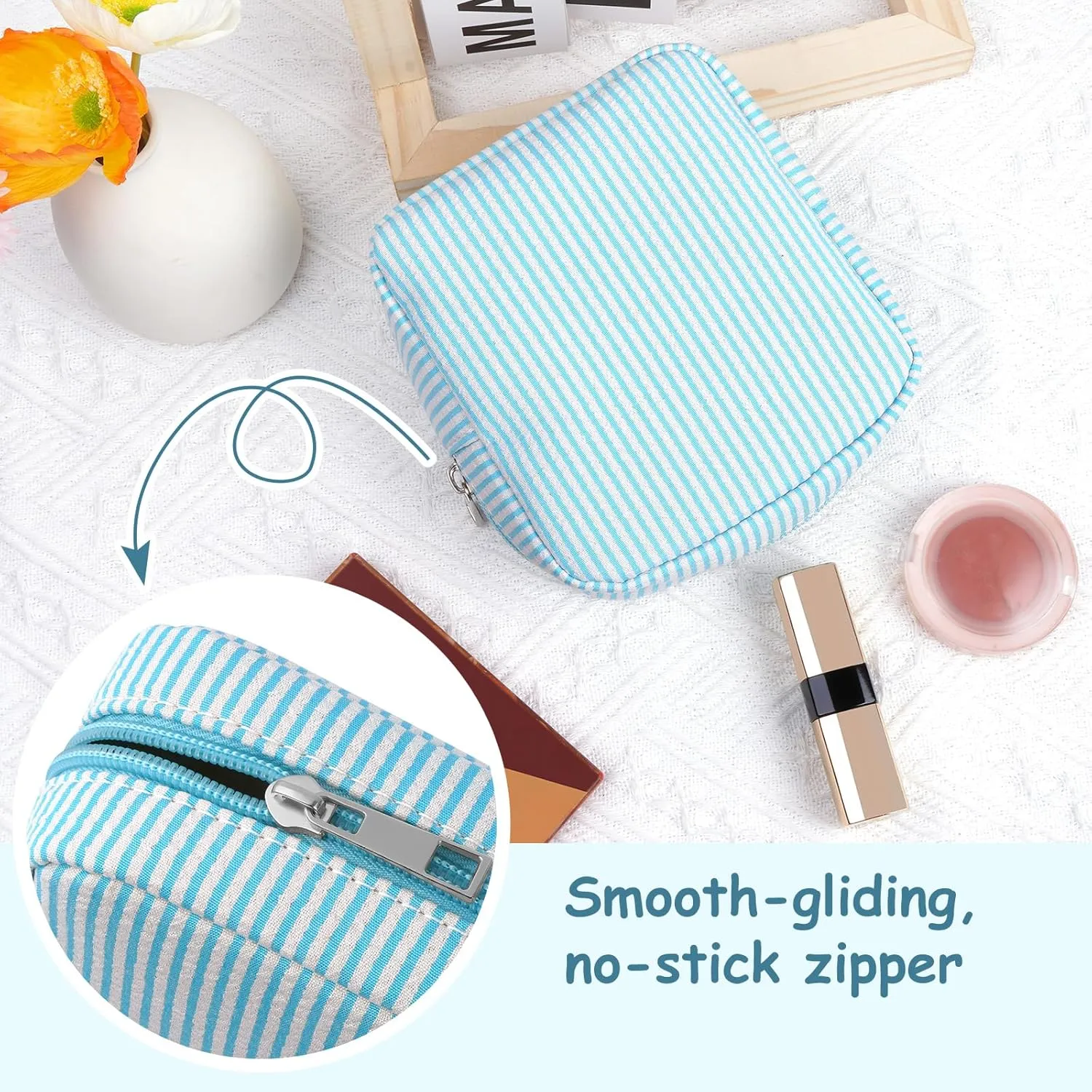 Breteil Small Makeup Bag for Purse Mini Cosmetic Bag with Slip-in Pockets Cute Travel Makeup Pouch for Women Friend Preppy Stuff - Blue