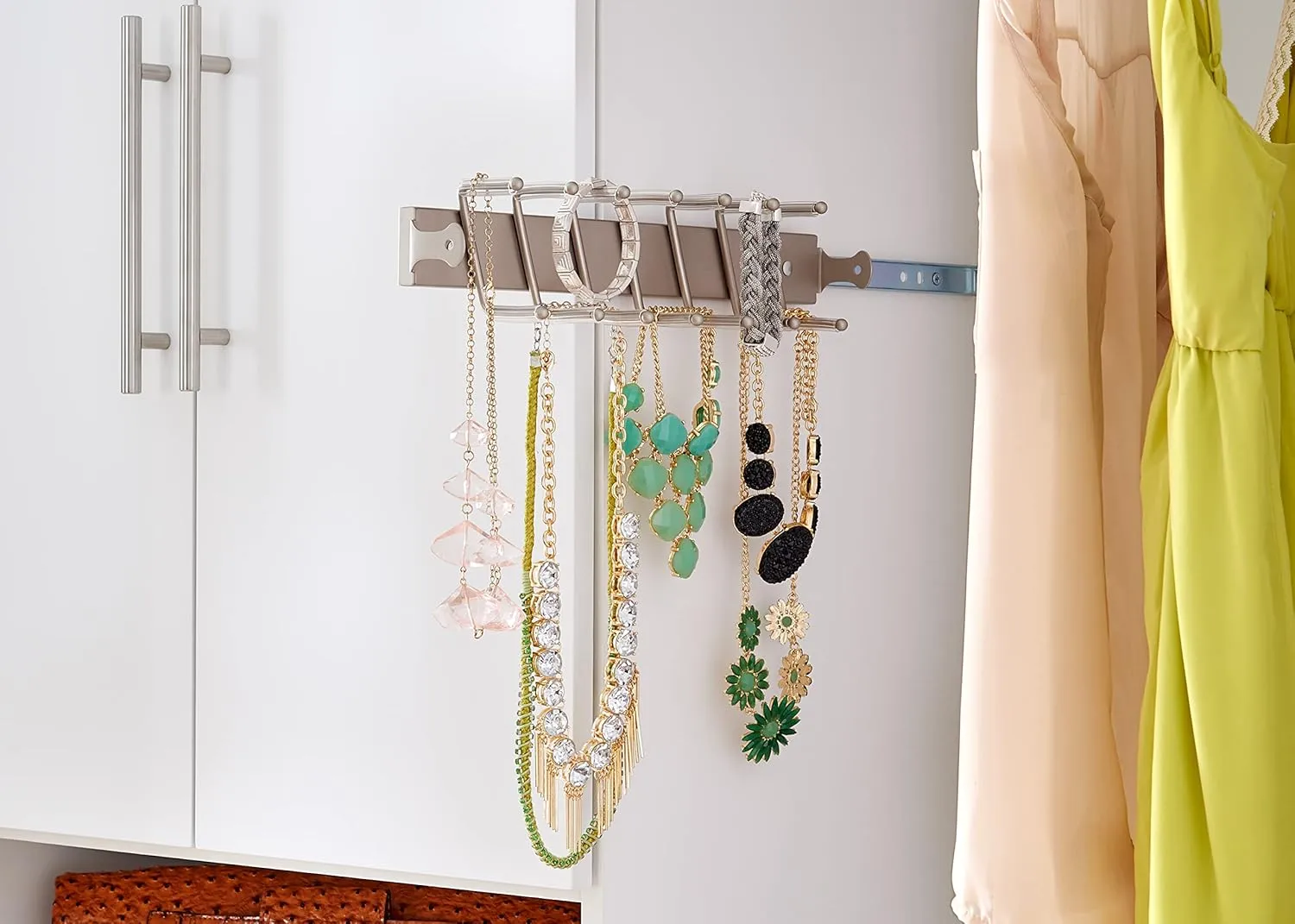 ClosetMaid SuiteSymphony Jewelry Slide Out Closet Organizer 14 Hooks, Wall Mount or Add On Accessory, Satin Nickel, Tie and Belt Rack