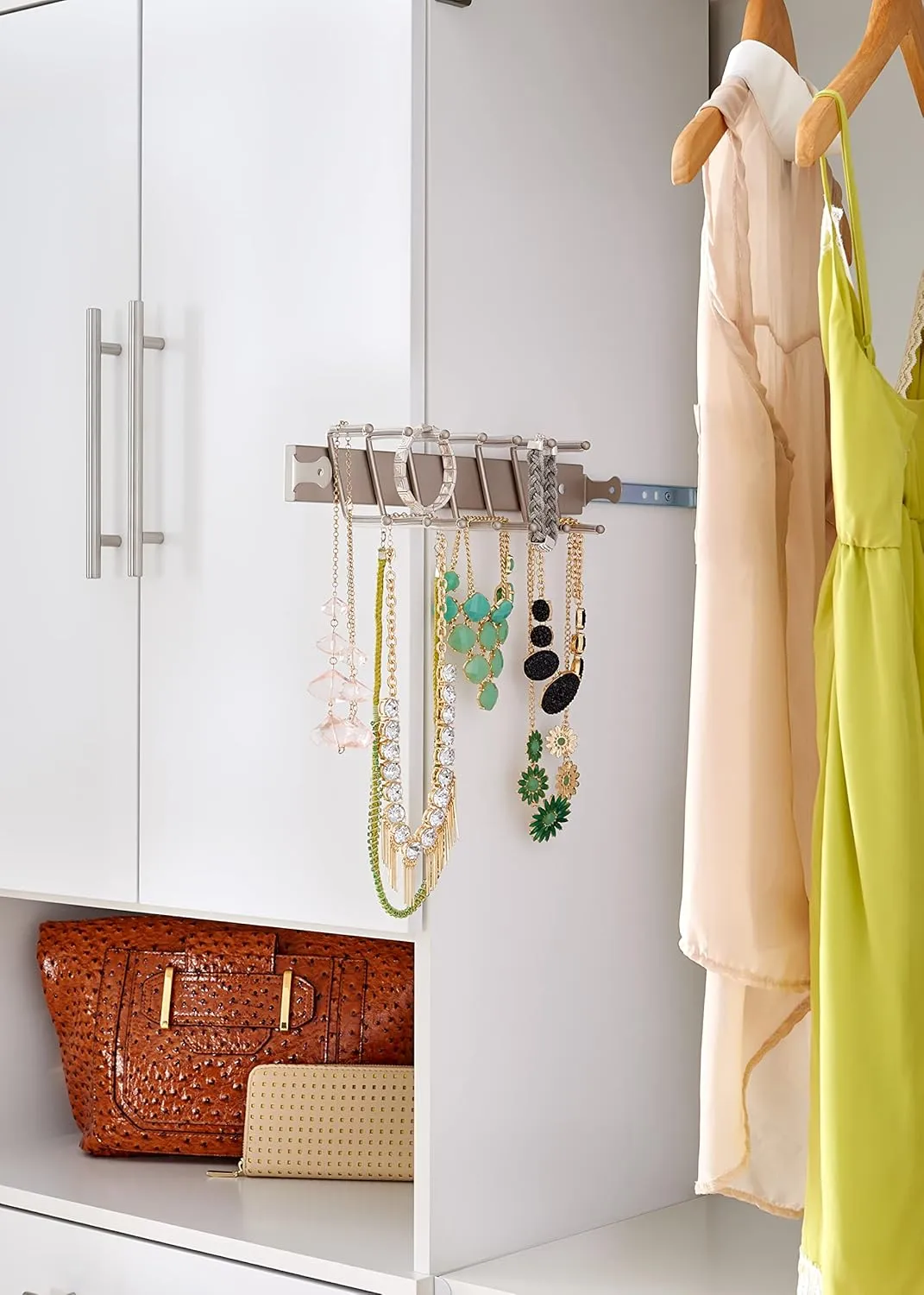 ClosetMaid SuiteSymphony Jewelry Slide Out Closet Organizer 14 Hooks, Wall Mount or Add On Accessory, Satin Nickel, Tie and Belt Rack
