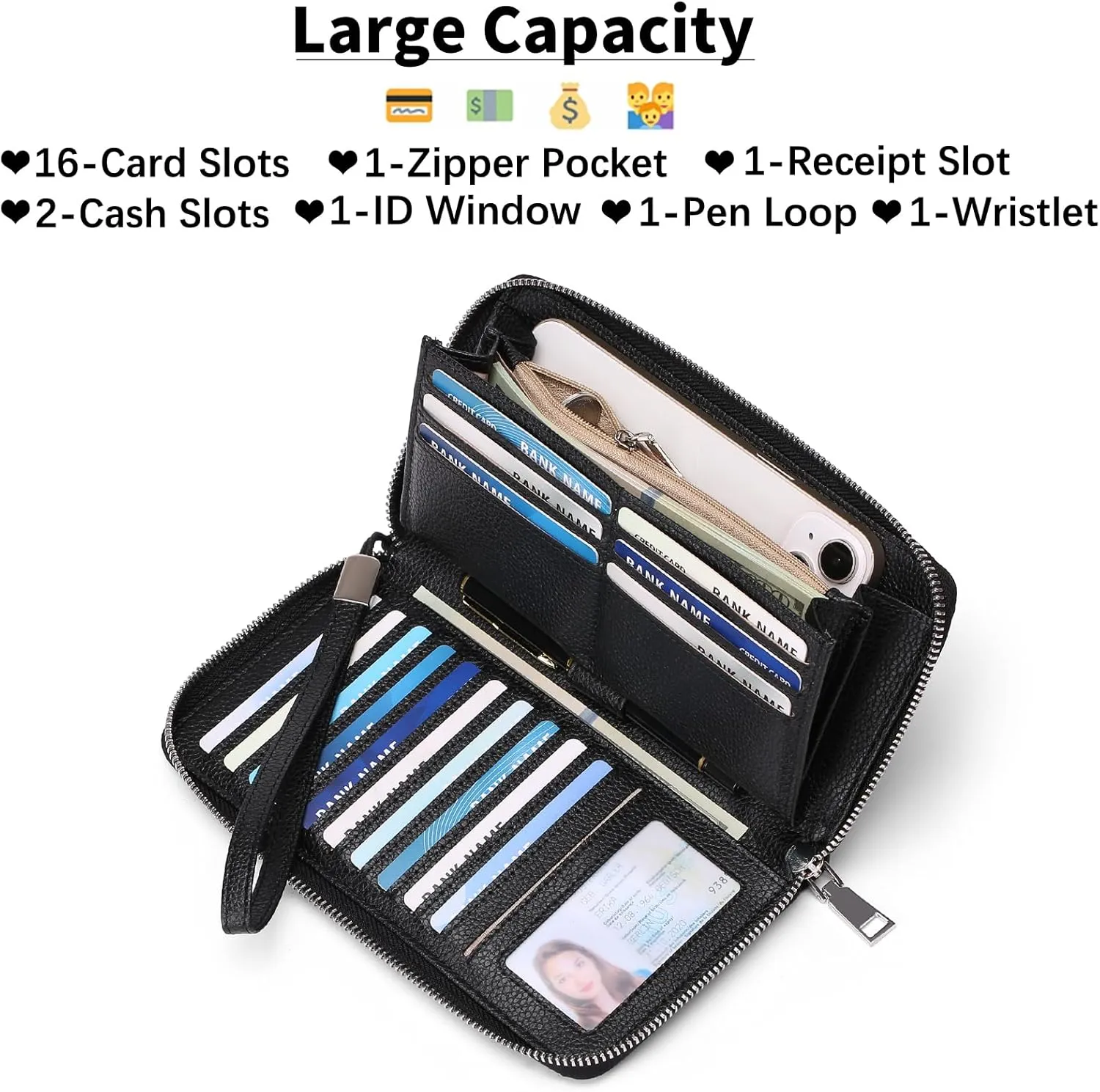GOIACII Womens Wallet RFID Blocking Leather Zip Around Wallet Large Capacity Long Purse Credit Card Clutch Wristlet