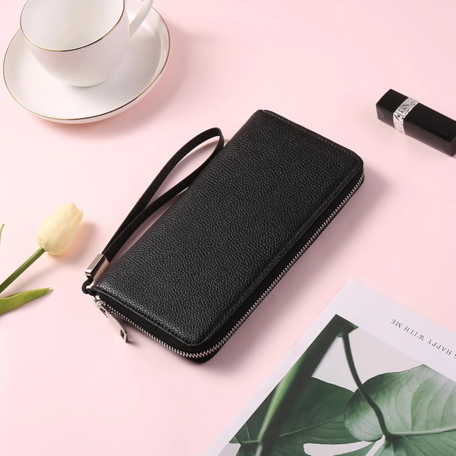 GOIACII Womens Wallet RFID Blocking Leather Zip Around Wallet Large Capacity Long Purse Credit Card Clutch Wristlet