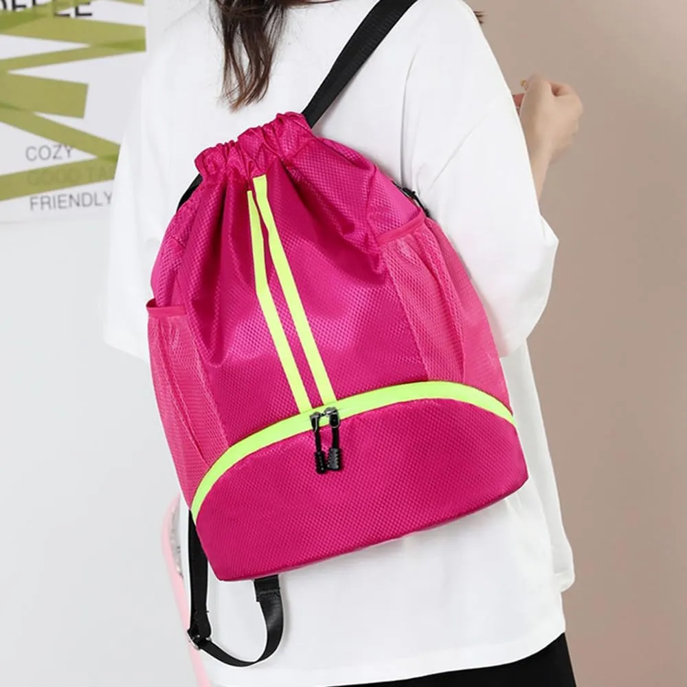Gym Drawstring Backpack, Mens Women String Workout Sport Basketball Bag with Dry Wet Separation Pocket and Shoes Compartment for Running Fitness Cycling Swimming Playing Camping(Rose Red)