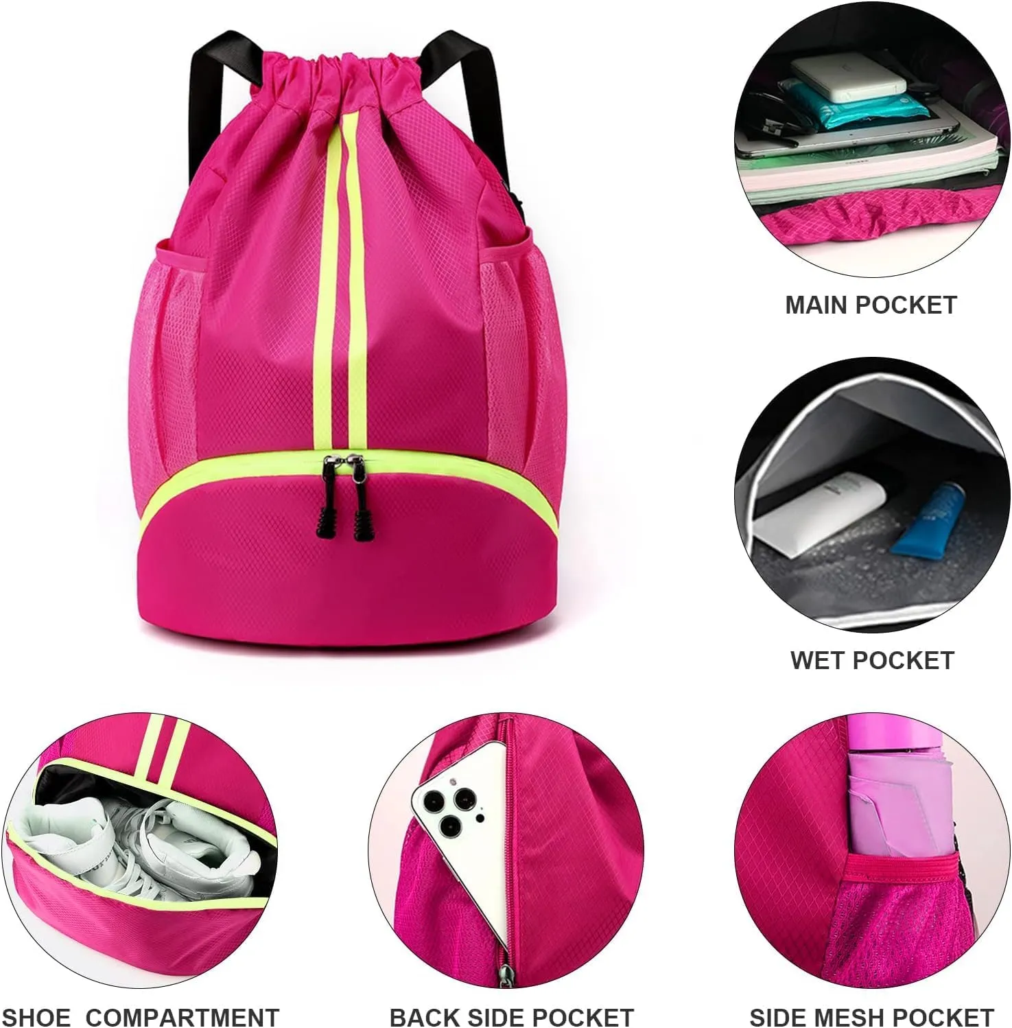 Gym Drawstring Backpack, Mens Women String Workout Sport Basketball Bag with Dry Wet Separation Pocket and Shoes Compartment for Running Fitness Cycling Swimming Playing Camping(Rose Red)