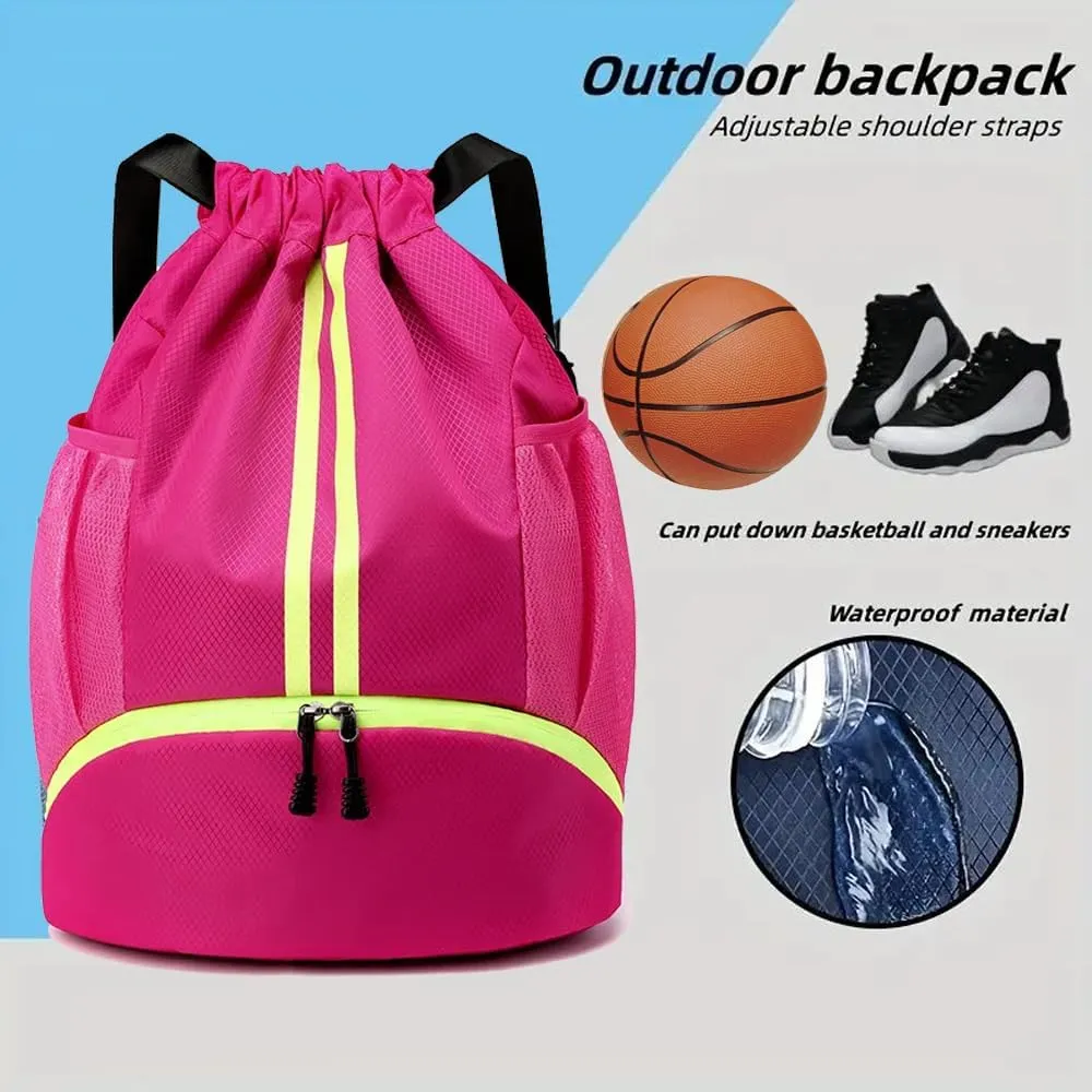Gym Drawstring Backpack, Mens Women String Workout Sport Basketball Bag with Dry Wet Separation Pocket and Shoes Compartment for Running Fitness Cycling Swimming Playing Camping(Rose Red)