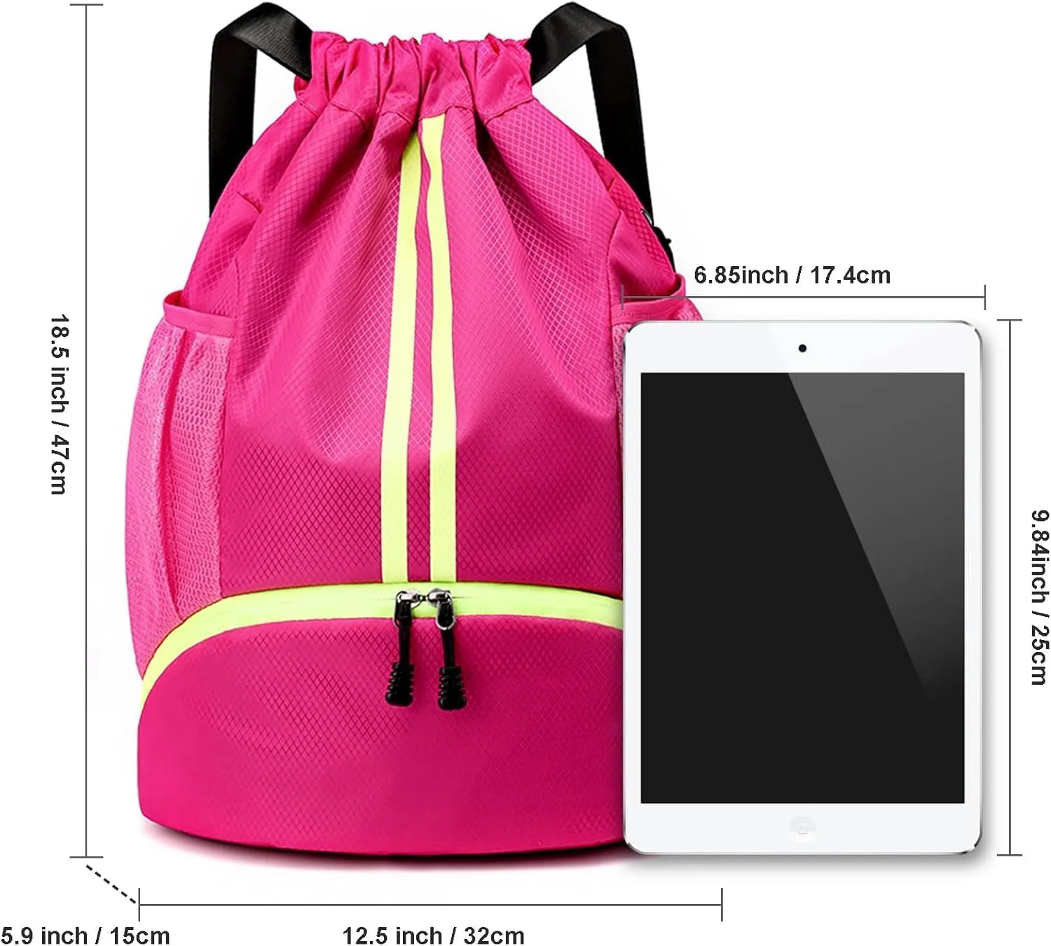 Gym Drawstring Backpack, Mens Women String Workout Sport Basketball Bag with Dry Wet Separation Pocket and Shoes Compartment for Running Fitness Cycling Swimming Playing Camping(Rose Red)