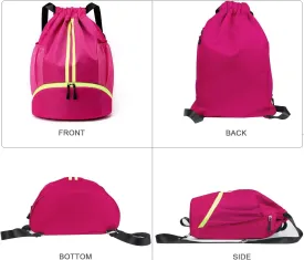 Gym Drawstring Backpack, Mens Women String Workout Sport Basketball Bag with Dry Wet Separation Pocket and Shoes Compartment for Running Fitness Cycling Swimming Playing Camping(Rose Red)