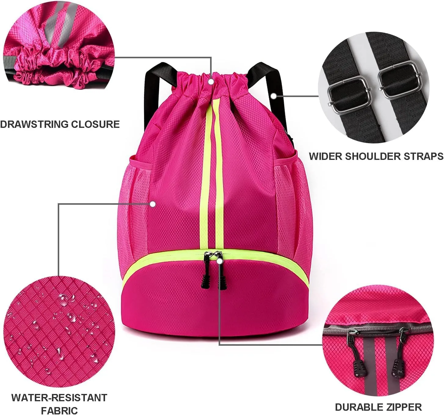 Gym Drawstring Backpack, Mens Women String Workout Sport Basketball Bag with Dry Wet Separation Pocket and Shoes Compartment for Running Fitness Cycling Swimming Playing Camping(Rose Red)