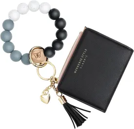 Keychain Bracelet Wristlet with Wallet Card Holder Pocket,Tassel Keychain Bangle Key Ring for Women