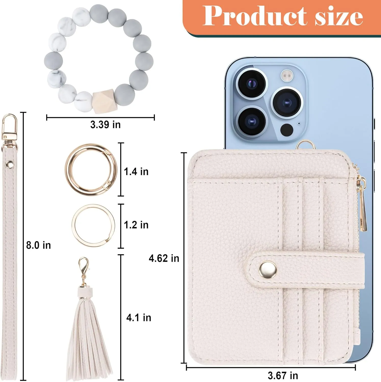 Keychain Wallet with Bracelet RFID Blocking Wristlet Credit Purse Card Holder, Silicone Bead Tassel Key Ring for Women