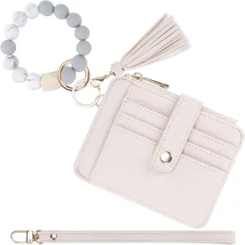 Keychain Wallet with Bracelet RFID Blocking Wristlet Credit Purse Card Holder, Silicone Bead Tassel Key Ring for Women
