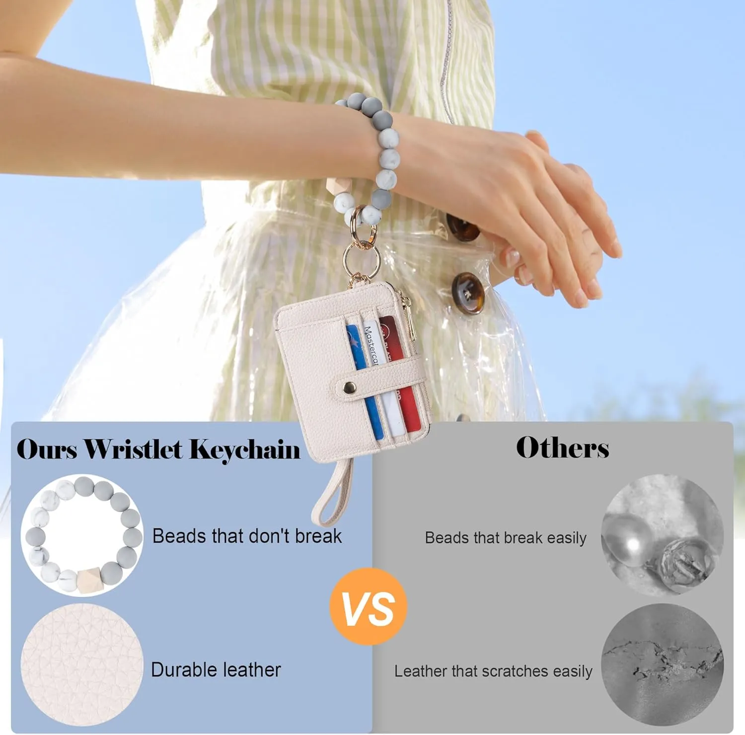Keychain Wallet with Bracelet RFID Blocking Wristlet Credit Purse Card Holder, Silicone Bead Tassel Key Ring for Women