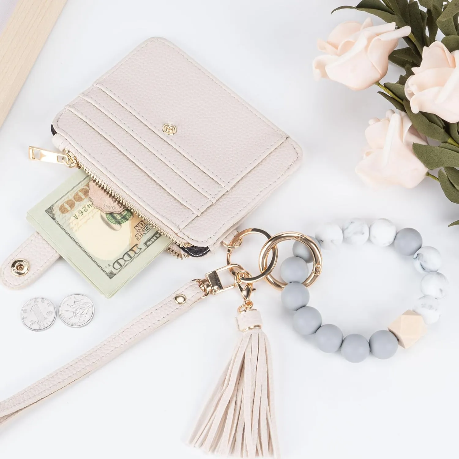 Keychain Wallet with Bracelet RFID Blocking Wristlet Credit Purse Card Holder, Silicone Bead Tassel Key Ring for Women