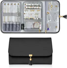 MATEIN Black Jewelry Organizer, Vegan Leather Big Jewelry Travel Rolls with Clear Pockets, Tangle-Free Necklace Holder for Daily Jewels Earrings Rings Bracelets, Great Gifts for Women