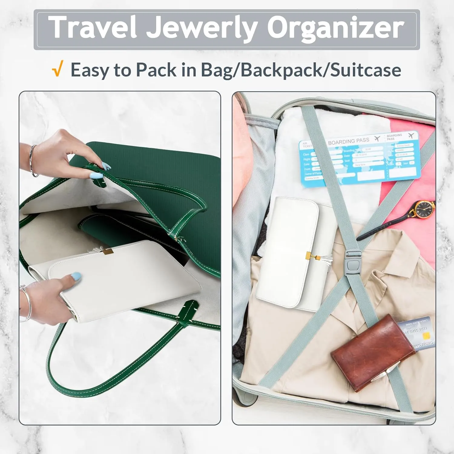 MATEIN Jewelry Travel Case for Women, Large Jewelry Holder Organizer with Transparent Pockets, Foldable Jewelry Roll Bag for Necklace Earring Ring Storage, Mothers Day Gifts for Mom, Beige
