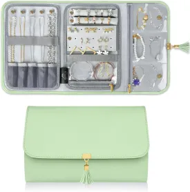 MATEIN Travel Jewelry Organizer Case, Foldable Water-Resistant Soft Leather Jewelry Roll, Women Jewelry Bag for Earrings, Rings, Necklaces, Bracelets, Green