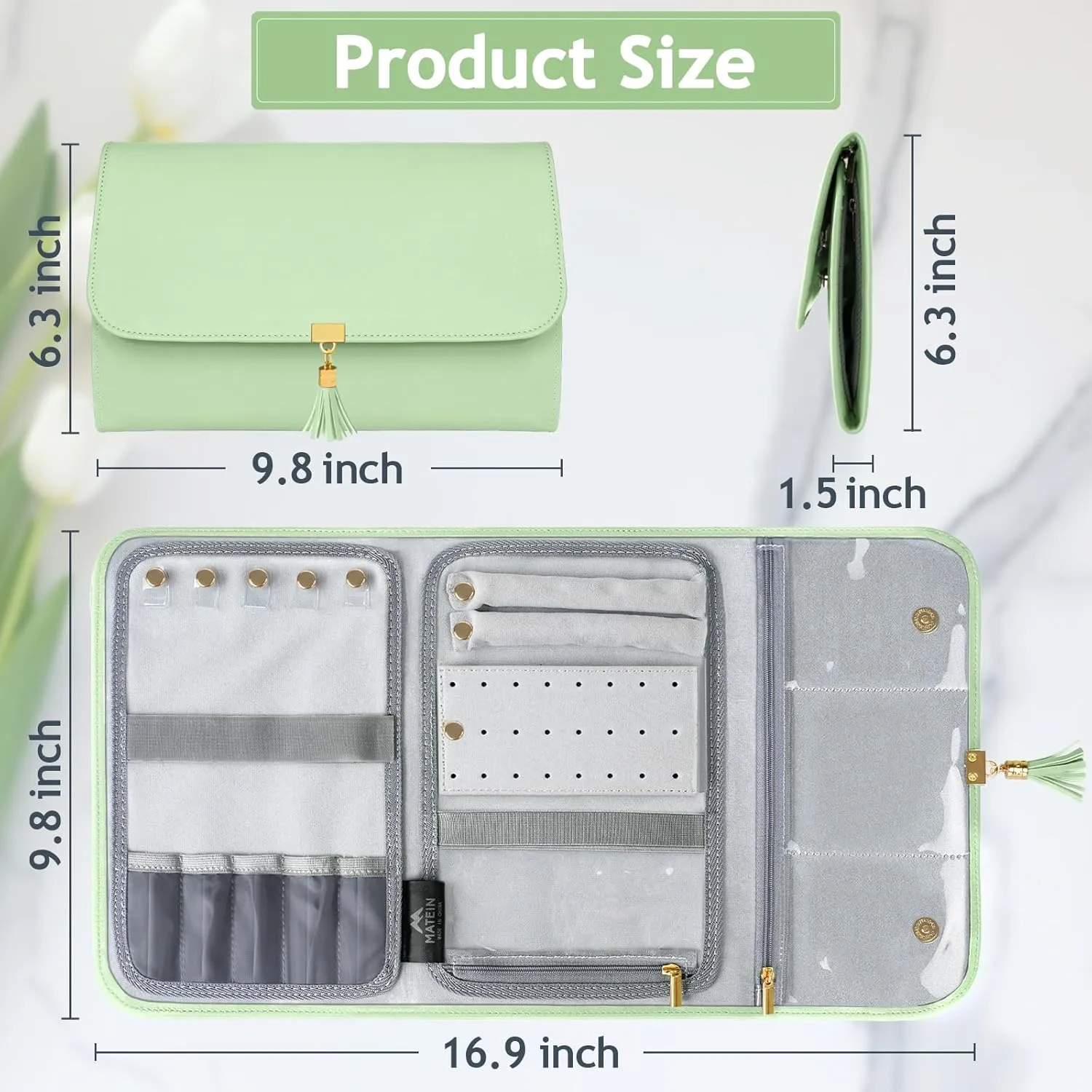MATEIN Travel Jewelry Organizer Case, Foldable Water-Resistant Soft Leather Jewelry Roll, Women Jewelry Bag for Earrings, Rings, Necklaces, Bracelets, Green