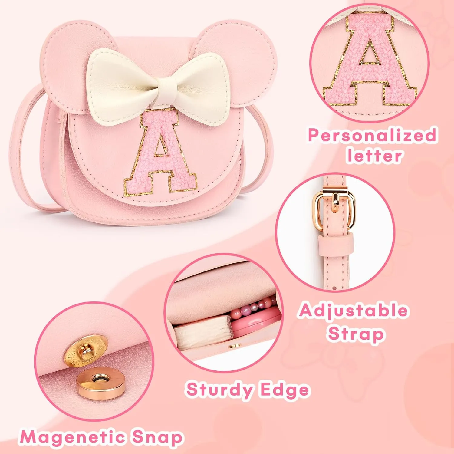 MIBASIES Toddler Purse - Pink with Mouse Ears and Bow; Girl's Gift for Birthdays - Ages 3-8