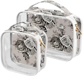 Monochrome Rose Leaves Beige 2 Pieces Clear Makeup Cosmetic Toiletry Bags for Women Men PVC Portable Travel Storage Carry Pouch with Gold Zippers Plastic Tote Bags for Bathroom Organizing Traveling