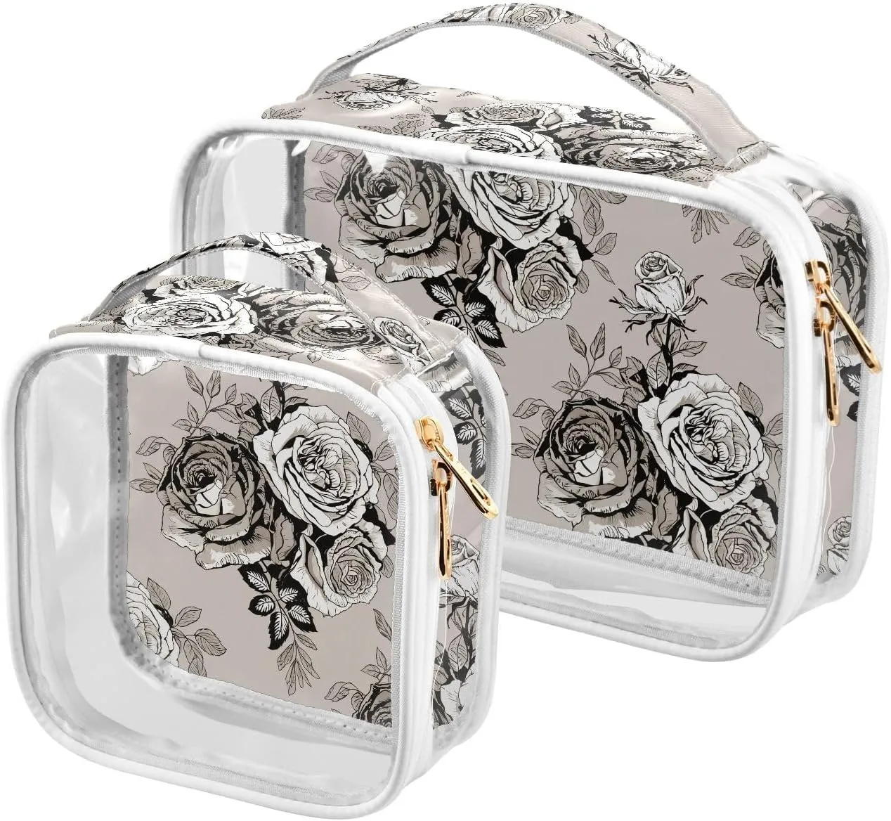 Monochrome Rose Leaves Beige 2 Pieces Clear Makeup Cosmetic Toiletry Bags for Women Men PVC Portable Travel Storage Carry Pouch with Gold Zippers Plastic Tote Bags for Bathroom Organizing Traveling