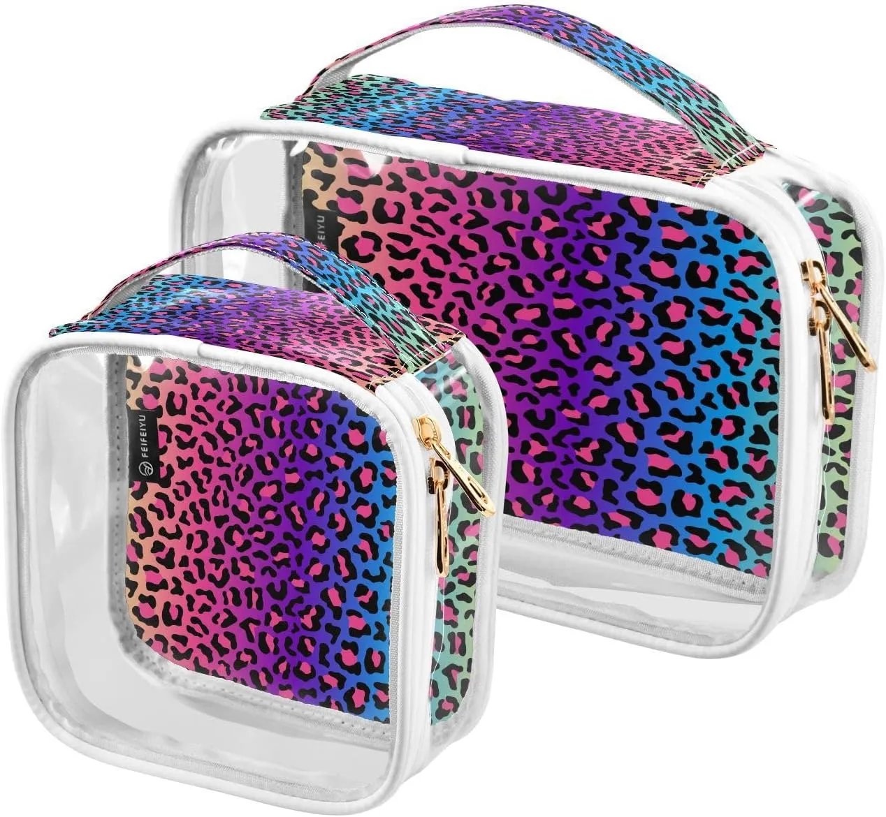 panksolu Clear Toiletry Bag with Handle Neon Rainbow Leopard Cheetah PVC Waterproof Makeup Bags for Women Men Traveling Clear Travel Pouch Cosmetic Bags,2 Pack