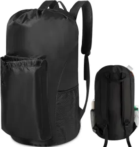 Polecasa Durable Backpack Laundry Bag with Padded Shoulder Straps, 130gsm Tear Resistant Fabric and Multi Pockets, Large Waterproof Dirty Clothes Drawstring Bag for Dorm, College,Black