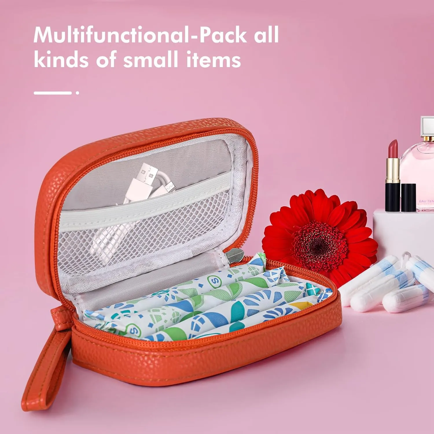 Portable Tampon Organizer - Beige PU Pouch with Handle & Zipper for Women's Period Bags