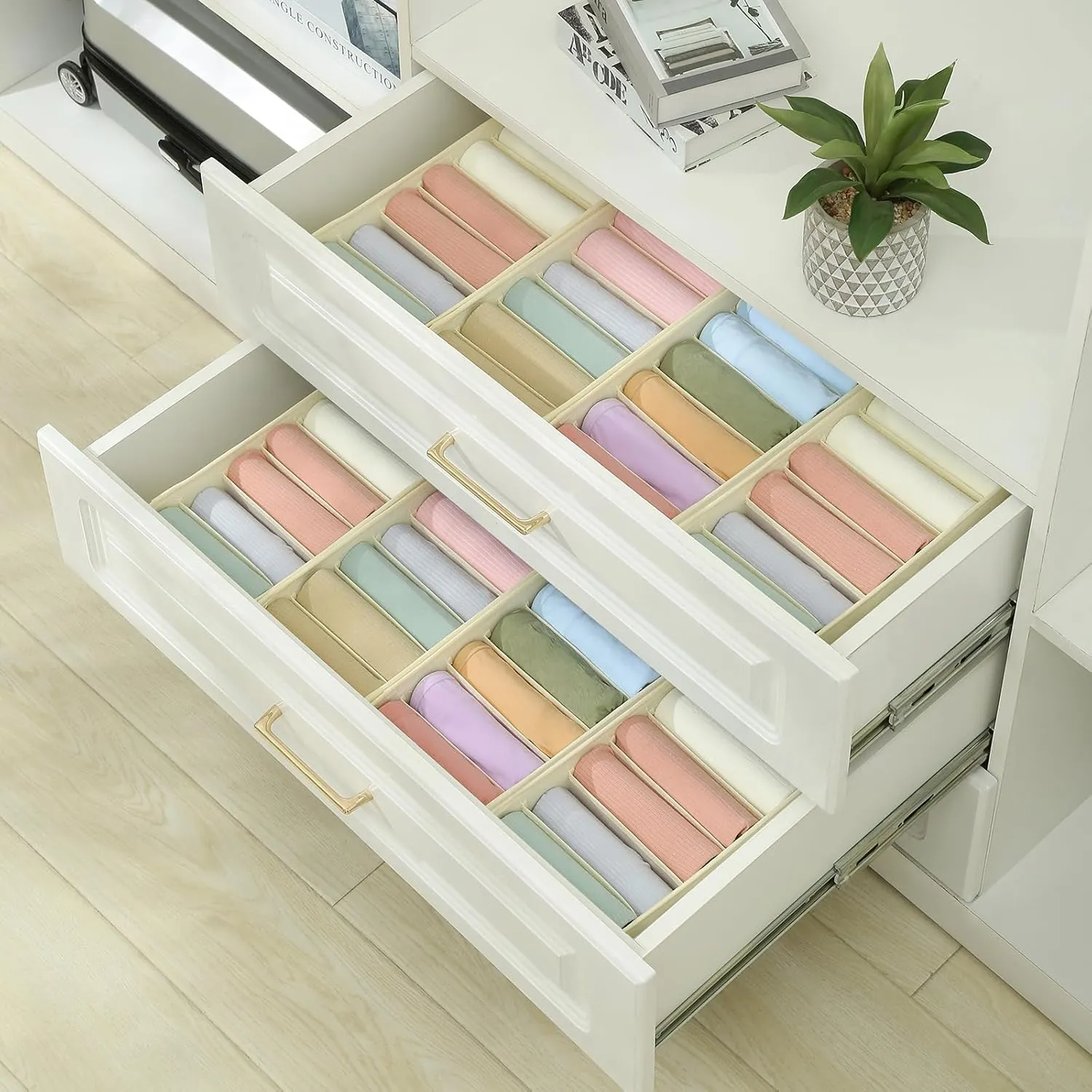 Qozary 3 Pack Sock Underwear Drawer Organizer Dividers, Non-Woven Fabric Collapsible Cabinet Closet Storage Boxes for Clothes, Socks, Lingerie, Underwear, Tie, Belt, Baby, Bedroom (Beige, 6 Cells)