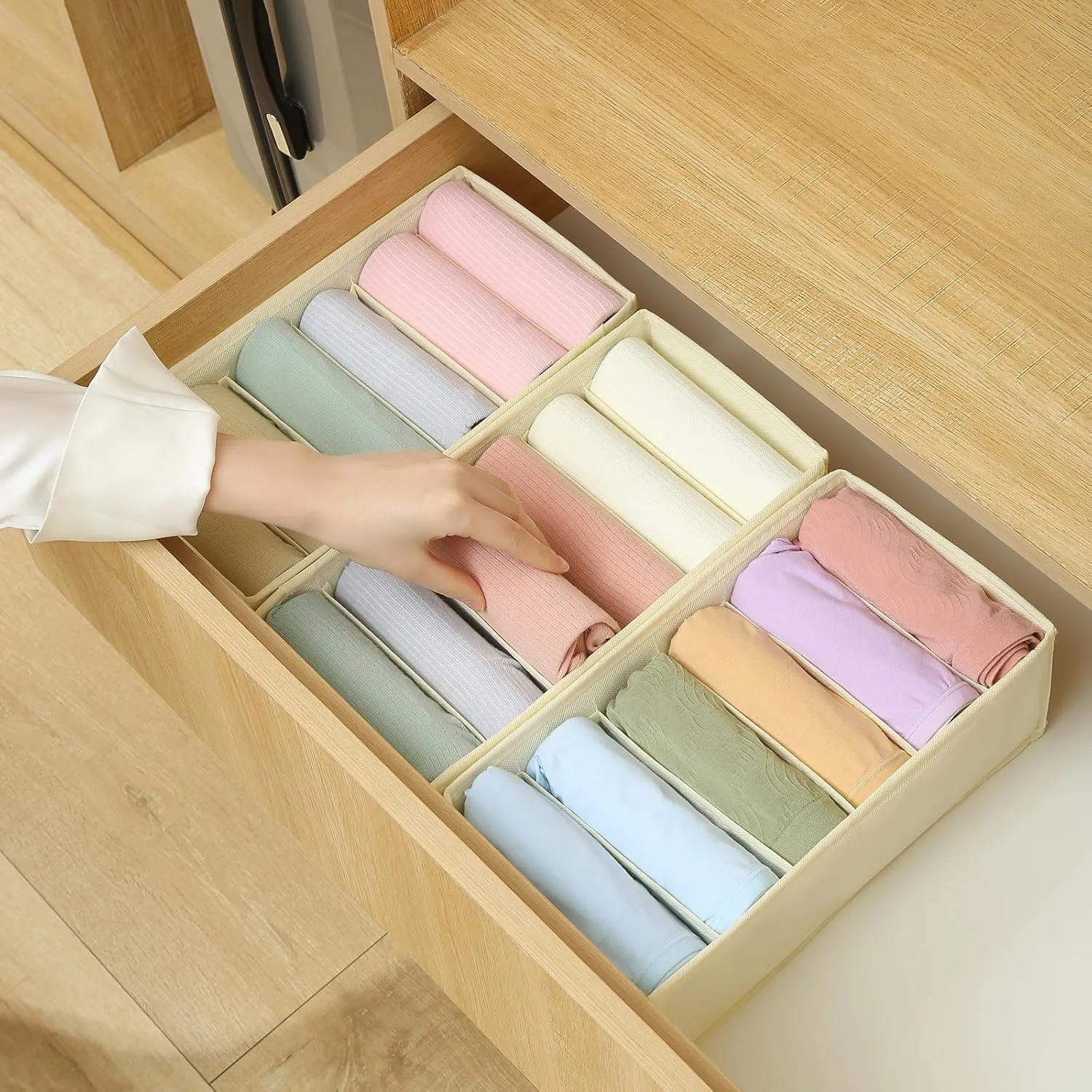 Qozary 3 Pack Sock Underwear Drawer Organizer Dividers, Non-Woven Fabric Collapsible Cabinet Closet Storage Boxes for Clothes, Socks, Lingerie, Underwear, Tie, Belt, Baby, Bedroom (Beige, 6 Cells)