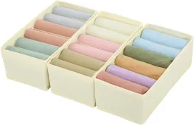 Qozary 3 Pack Sock Underwear Drawer Organizer Dividers, Non-Woven Fabric Collapsible Cabinet Closet Storage Boxes for Clothes, Socks, Lingerie, Underwear, Tie, Belt, Baby, Bedroom (Beige, 6 Cells)