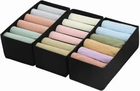 Qozary 3 Pack Sock Underwear Drawer Organizer Dividers, Non-Woven Fabric Collapsible Cabinet Closet Storage Boxes for Clothes, Socks, Lingerie, Underwear, Tie, Belt, Baby, Bedroom (Black, 6 Cells)