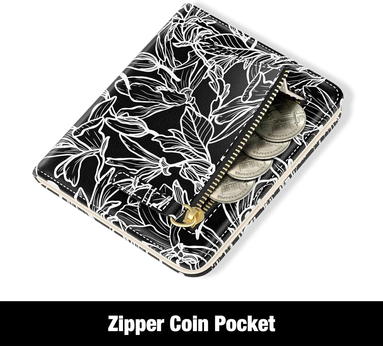 Rouidr Womens Wallet, RFID Small Slim Wallet for Women, Cute Bifold Leather Pocket Credit Card Holder Ladies Mini Purse with Zipper Coin Pocket & ID Window, White Leaves