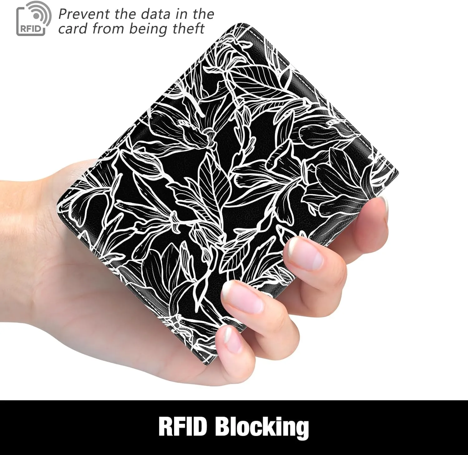 Rouidr Womens Wallet, RFID Small Slim Wallet for Women, Cute Bifold Leather Pocket Credit Card Holder Ladies Mini Purse with Zipper Coin Pocket & ID Window, White Leaves