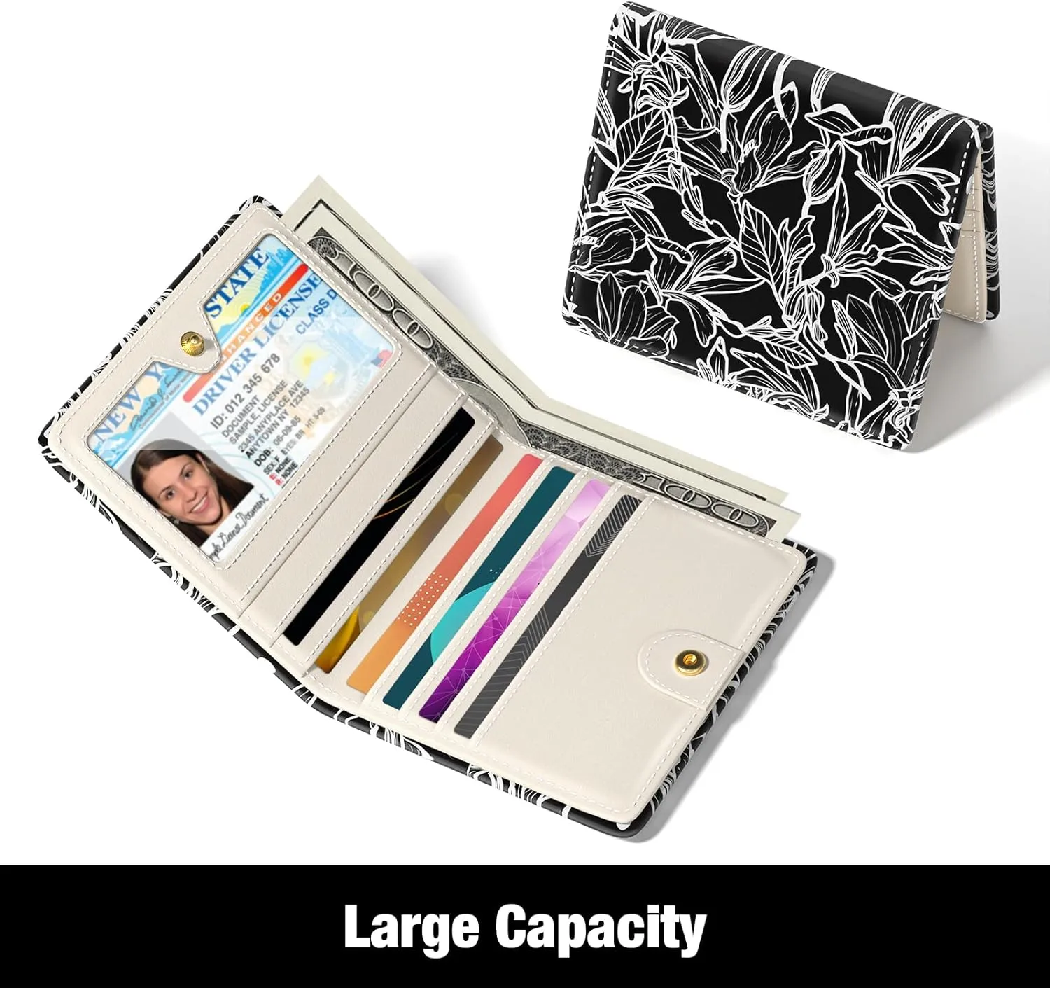 Rouidr Womens Wallet, RFID Small Slim Wallet for Women, Cute Bifold Leather Pocket Credit Card Holder Ladies Mini Purse with Zipper Coin Pocket & ID Window, White Leaves