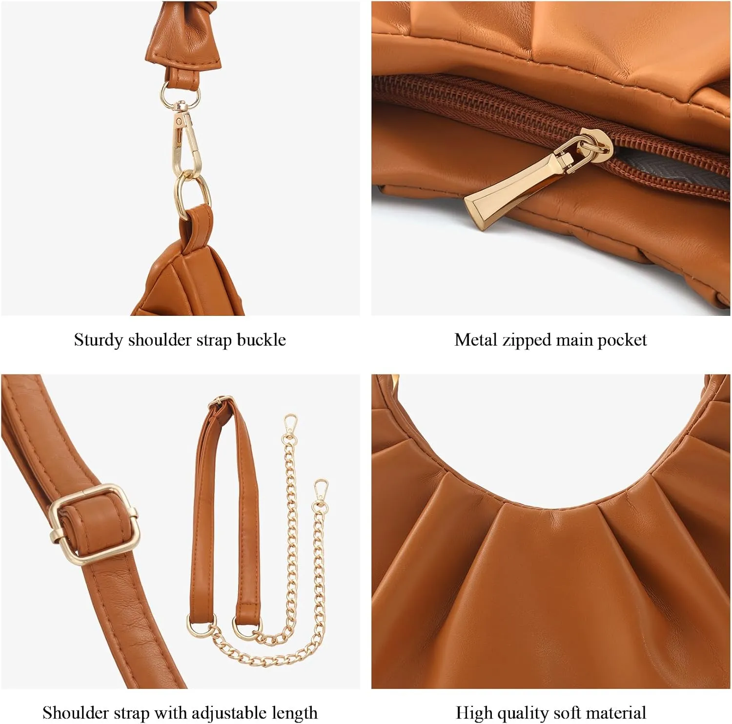 Ruched Shoulder Purse for Women Trendy Lightweight Soft Foldable Leather Clutch Bags with Zipper Handbag for Women