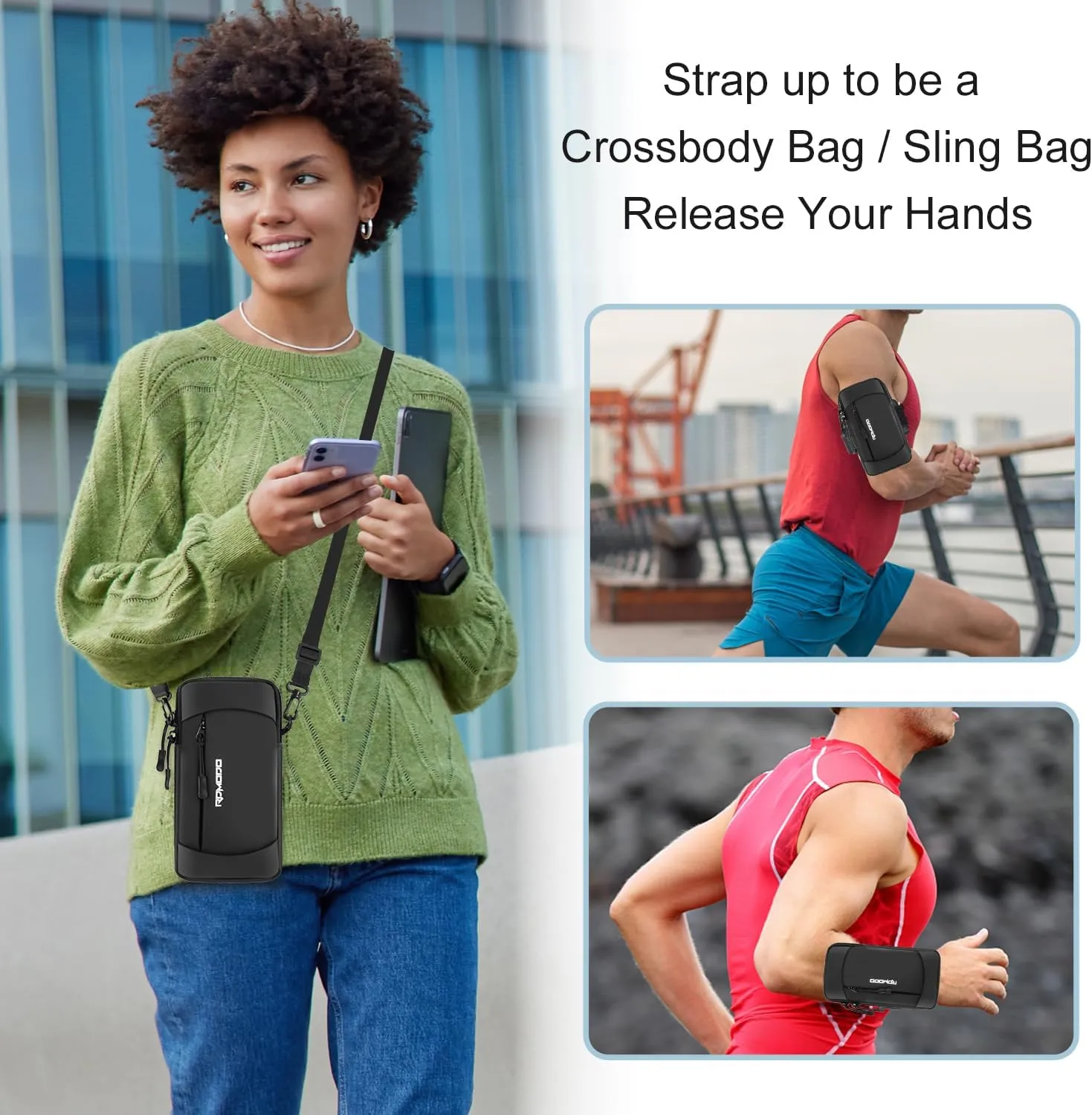 Running Armband Phone Holder & Crossbody Shoulder Bag, Arm Band for Phone for Running Walking, Waterproof Phone Pouch for iPhone 16 15 14 13 Pro Max Samsung Galaxy 7.5 InchCrossbody Bag Black
