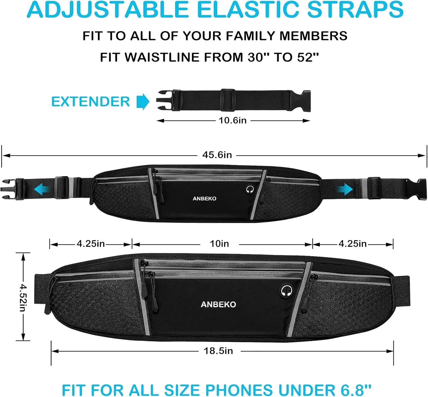 Running belt for Men Women with Extender Large Capacity Runner Waist Pack with 4 PocketsHiking Travel Camp Running Workout Belt BagReflective No Bounce Waist BagEasy Carry Large Phones black