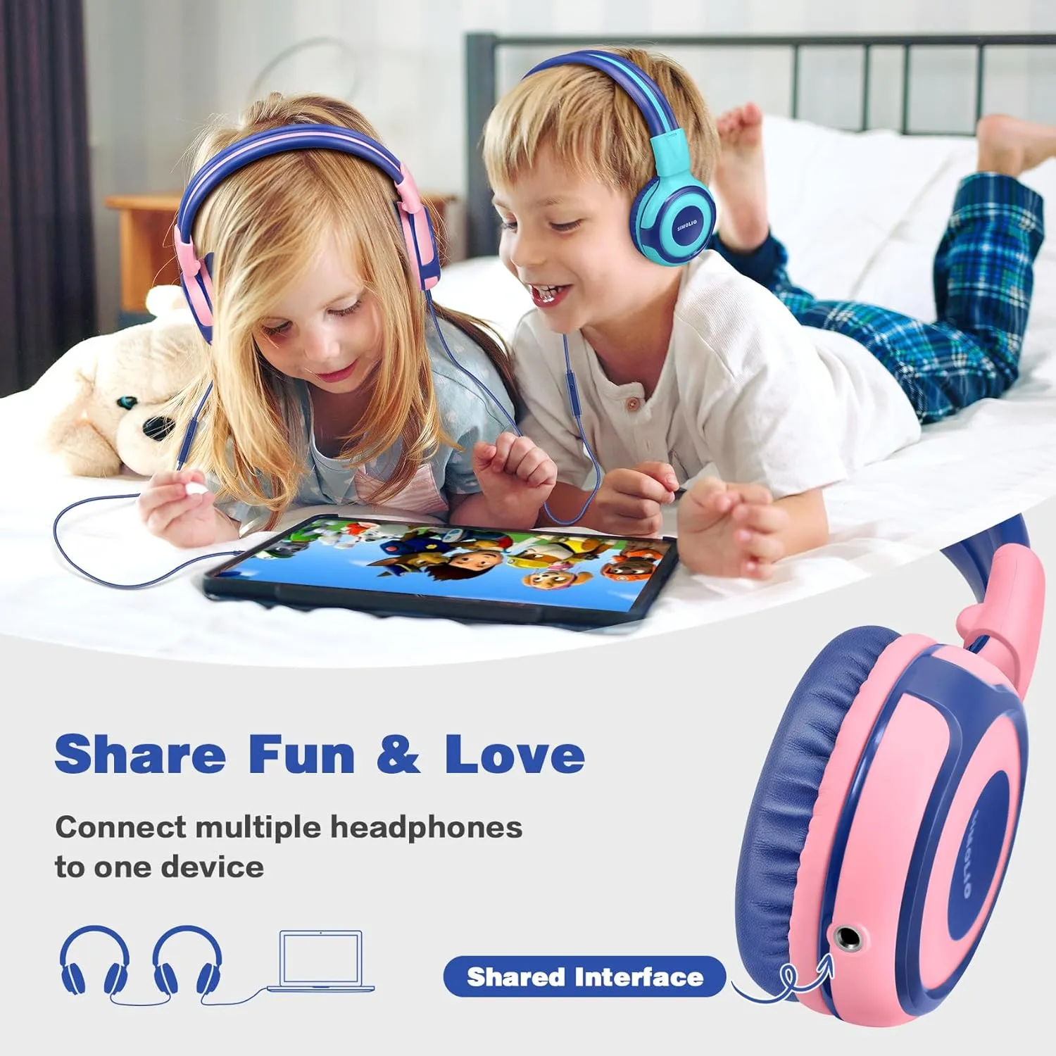 SIMOLIO Kids Headphones with Cord, 75dB/85dB/94dB Volume Limited Wired Headphones with Mic for Kids/Girls/Boys/Children/Teens/Smartphones/School/Airplane Travel/Tablet (Pink)