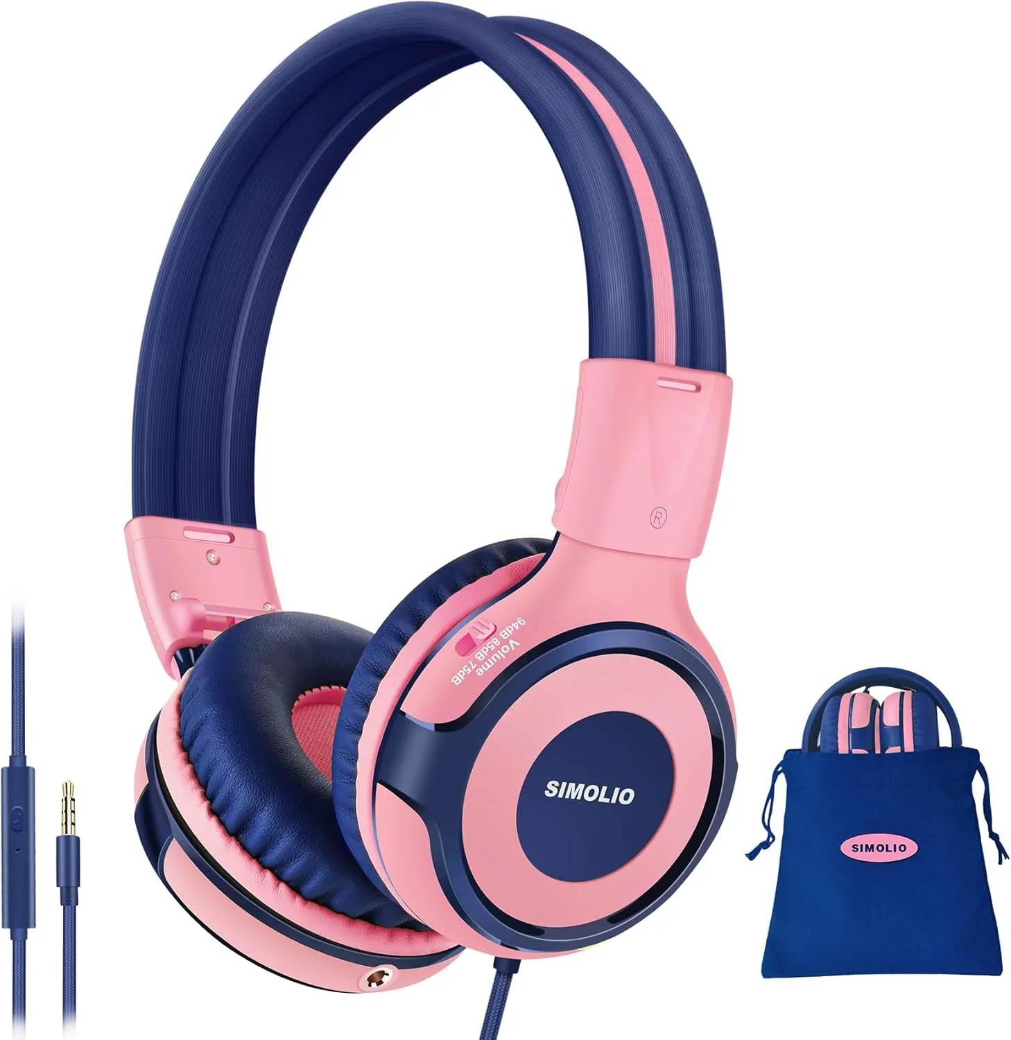 SIMOLIO Kids Headphones with Cord, 75dB/85dB/94dB Volume Limited Wired Headphones with Mic for Kids/Girls/Boys/Children/Teens/Smartphones/School/Airplane Travel/Tablet (Pink)
