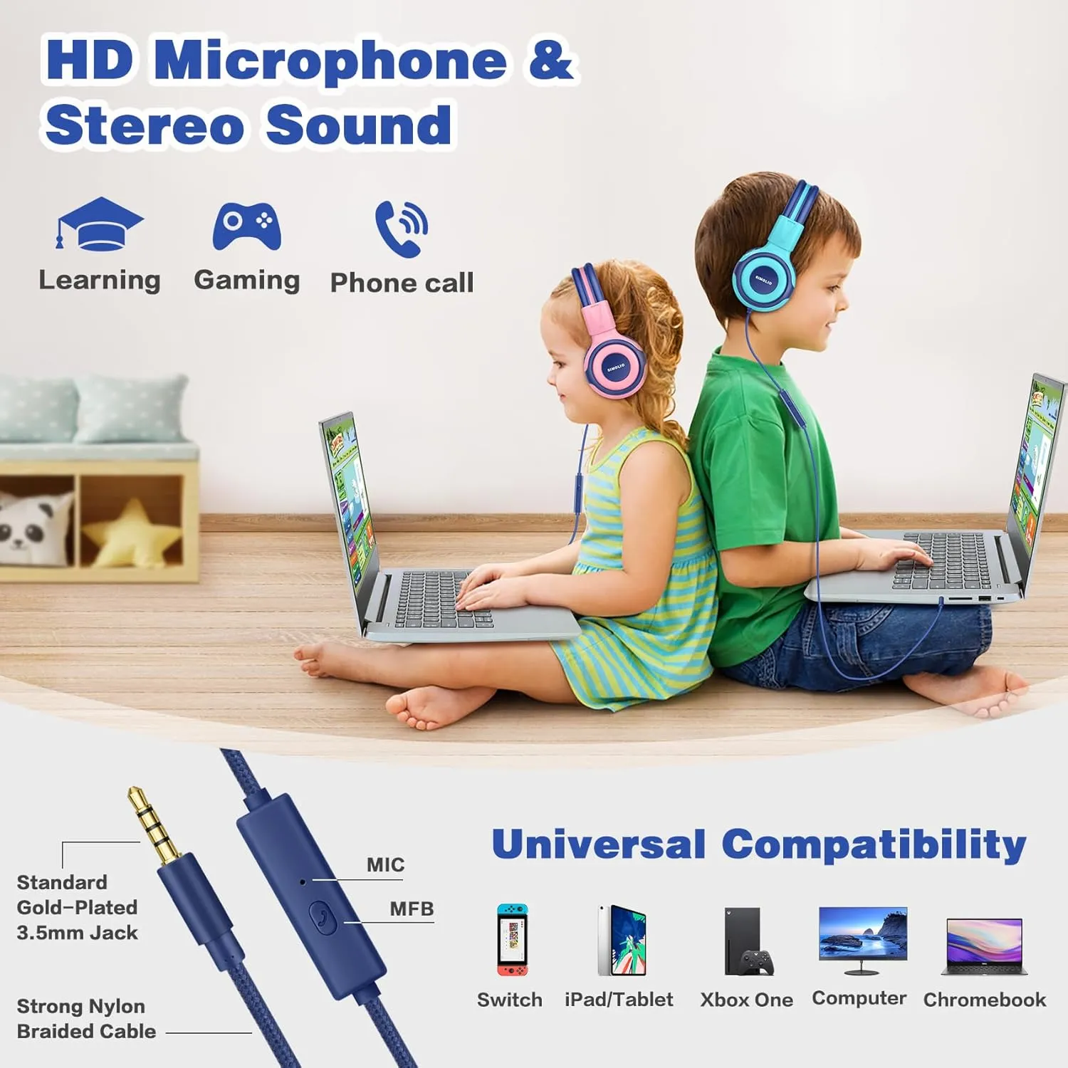 SIMOLIO Kids Headphones with Cord, 75dB/85dB/94dB Volume Limited Wired Headphones with Mic for Kids/Girls/Boys/Children/Teens/Smartphones/School/Airplane Travel/Tablet (Pink)