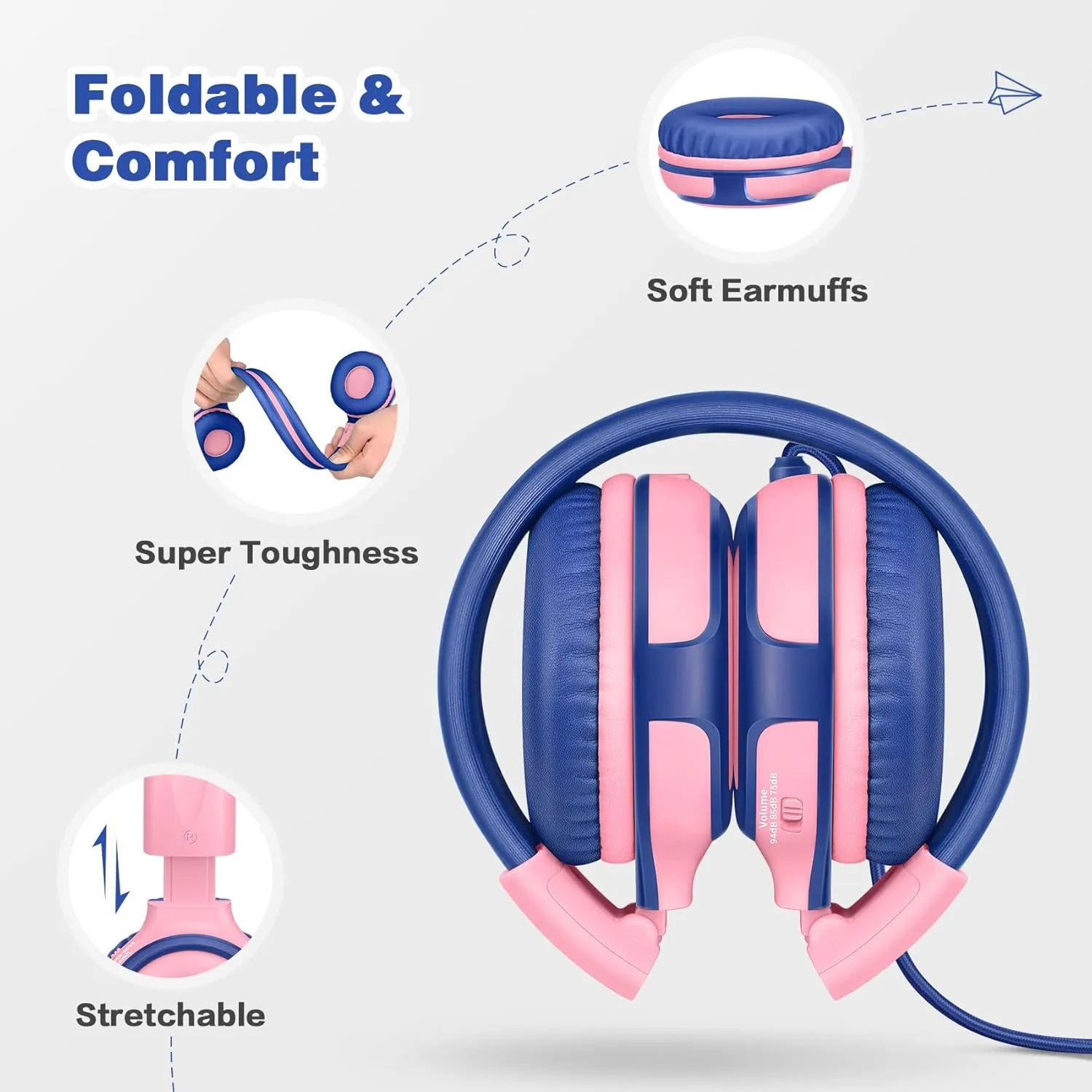 SIMOLIO Kids Headphones with Cord, 75dB/85dB/94dB Volume Limited Wired Headphones with Mic for Kids/Girls/Boys/Children/Teens/Smartphones/School/Airplane Travel/Tablet (Pink)
