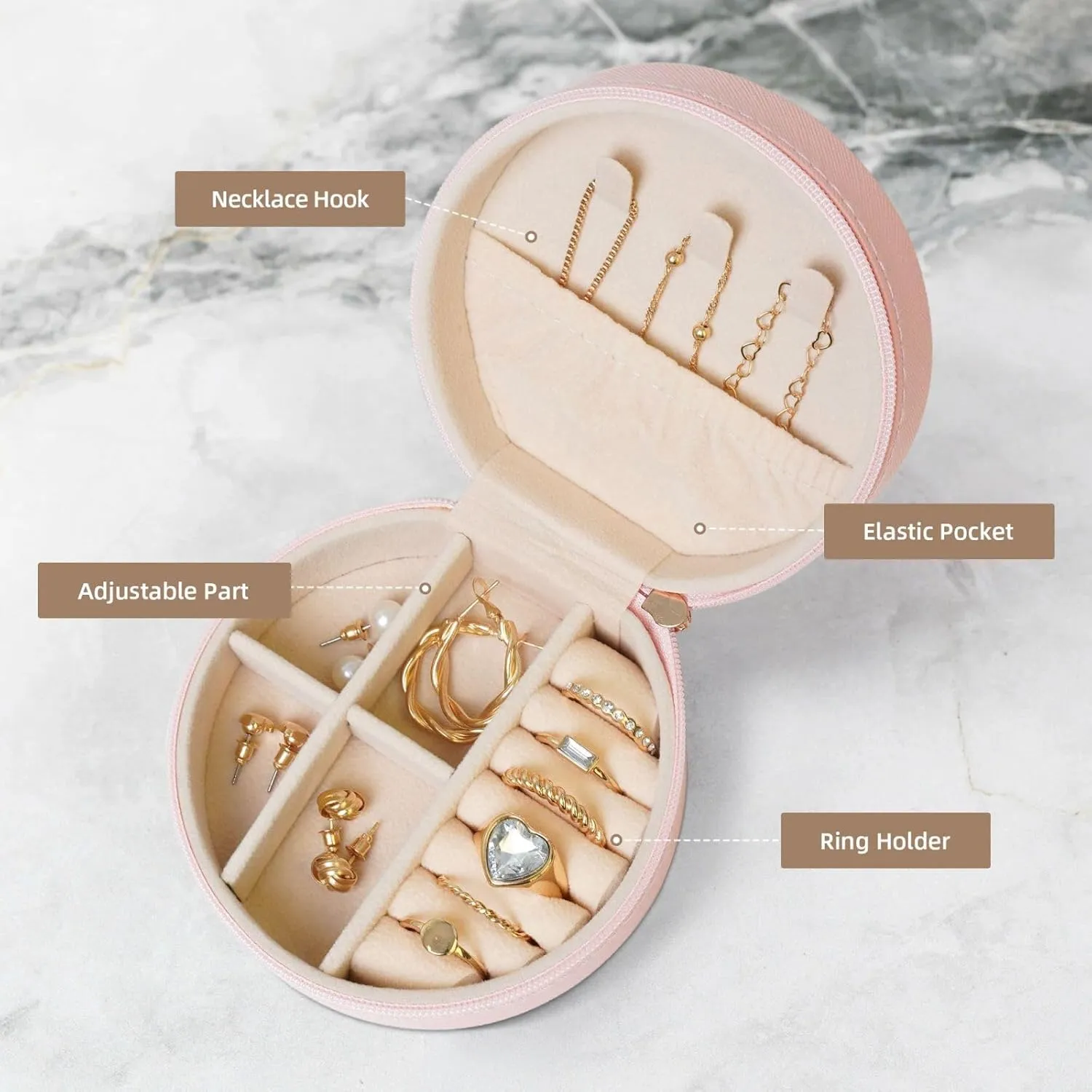 Small Jewelry Box Leather Travel Jewelry Case Waterproof Round Jewelry Organizer Pink For Womens Rings Necklaces Gifts Lovely Boston Terrier